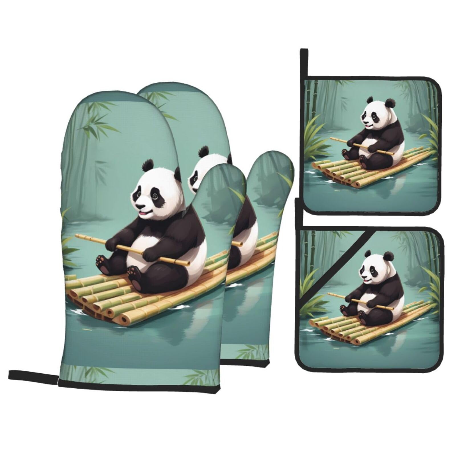 HJFCZH Panda On A Bamboo Raft Picture Kitchen Baking Set of 4 Thick Insulated Oven Mitt & Pot Holders, Anti-Scalding for Microwave, Oven, Outdoor BBQ
