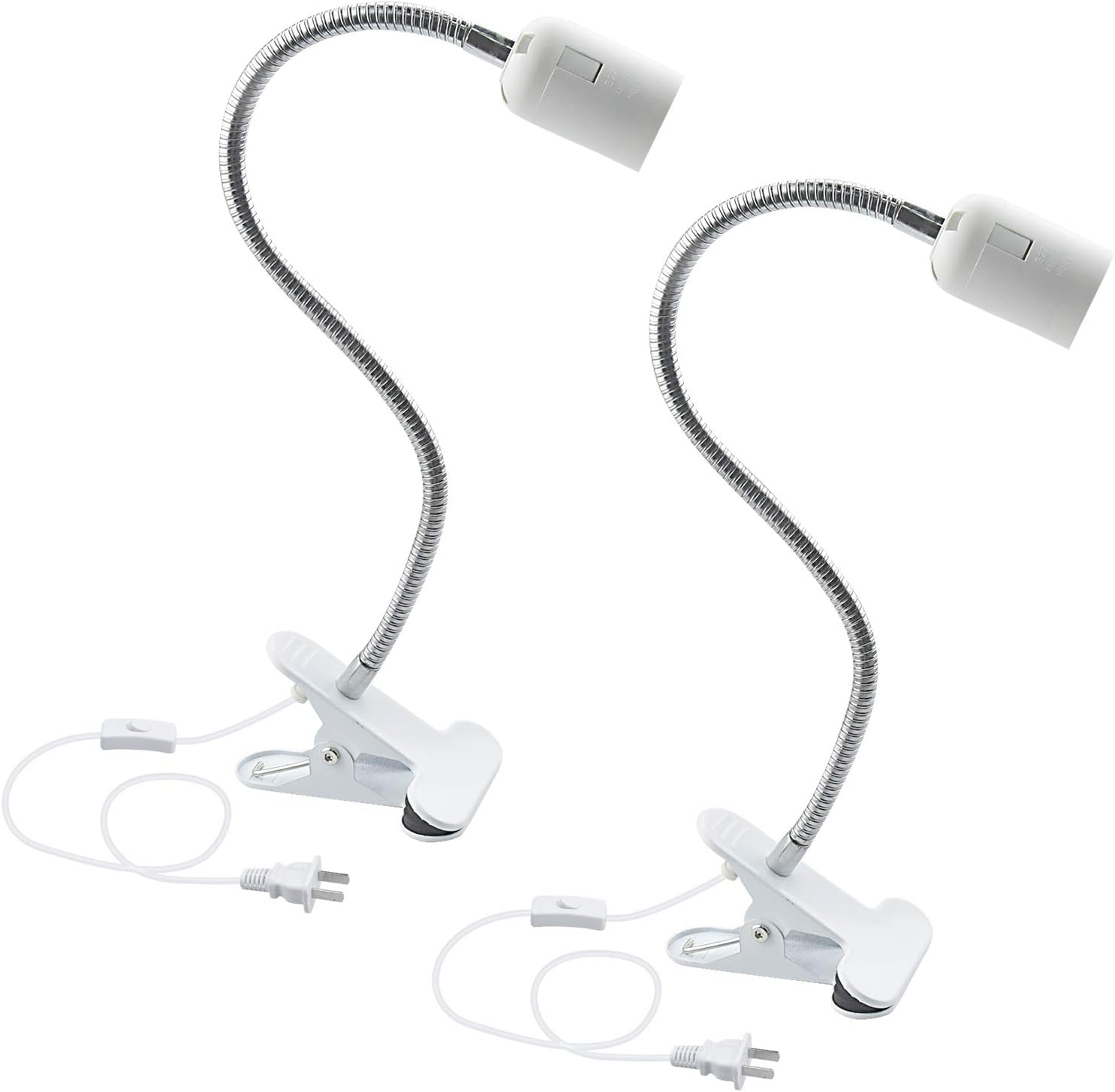 Bonlux E26 Clamp Lamp Fixture, Flexible Neck Clip Light Fixture with On/Off Switch US Plug for E26 Socket Plant Grow, Desk, Reptile Lamp Holder (2-Pack)