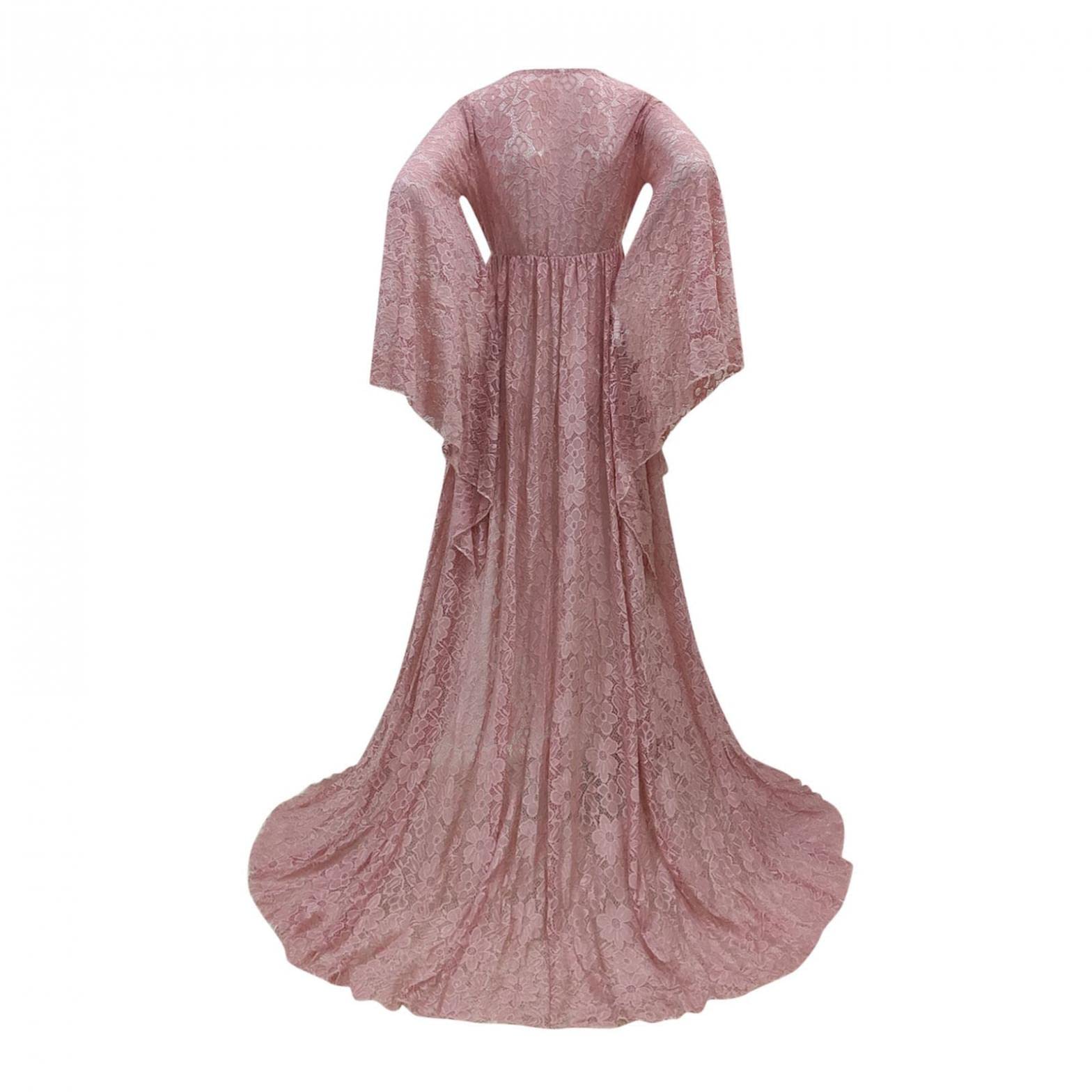 Schwangerschaftskleid Shooting Foto V-Ausschnitt Ausgestellte Ärmel Spitze Transparent Schwangerschaftskleid Boho Maxi Schwanz-Kleid mit geteiltem Schwanz lockerer Größe