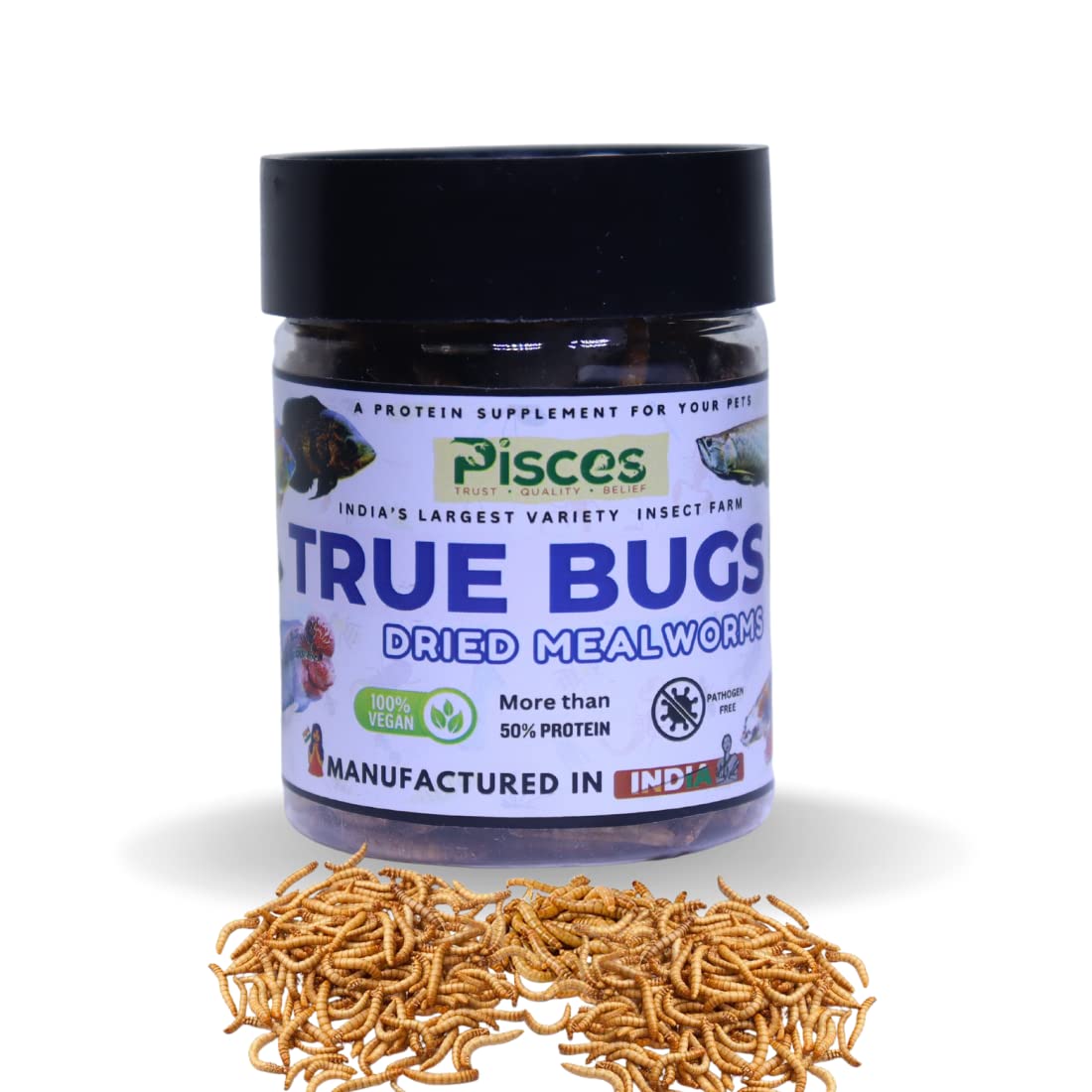 True Bugs Dried MEALWORMS for Fishes (100ml Pack) | High Protein Treat Food for All Life Stages Arowana, Flowerhorn, Cichlid Food, Fishes, Birds, Monkeys, Turtle and Other Pets