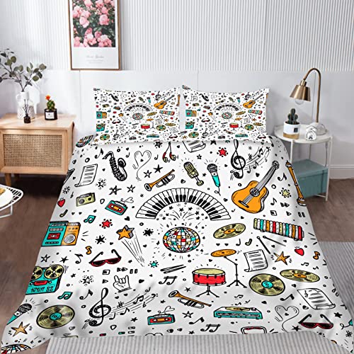 ANHOPE Music Duvet Cover Set Soft Comforter Cover Retro Musical Equipment Print Pattern 3 Piece Bedding Set including Pillowcase All Season Decor Quilt Cover with Zipper for Kids Adult Single Size - Image 2