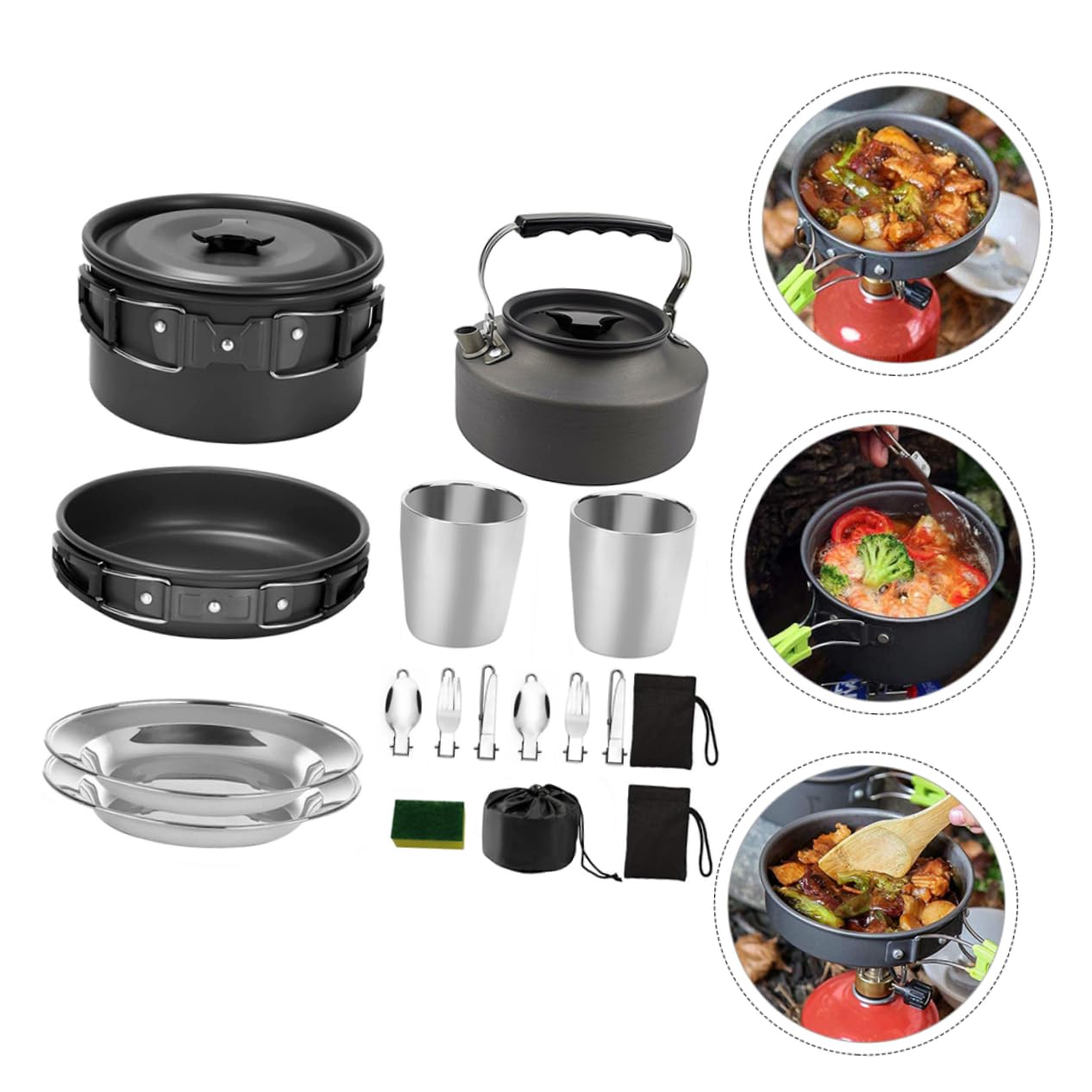 YARNOW Juego de Utensilios de Cocina Set de Ollas y Tetera para Acampar Portátil Aleación de Aluminio Ligera Color Negro para 2-3 Personas Adecuado para Camping y Actividades al Aire