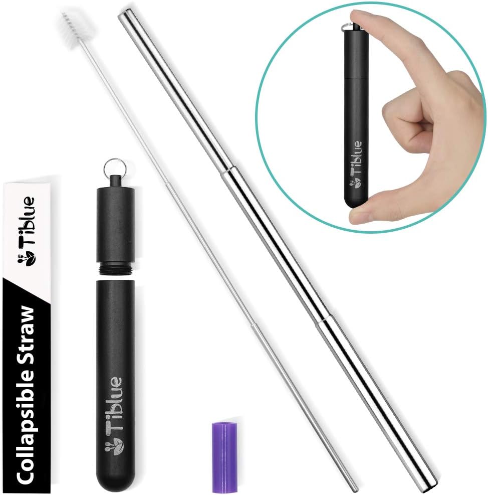 Reusable Collapsible Straw, 9.25'' Portable Stainless Steel Metal Straws, Drinking Straw & Telescopic Reusable Straws with Case, Cleaning Brush, Silicone Tip for Christmas Gift for Family (Black Case)