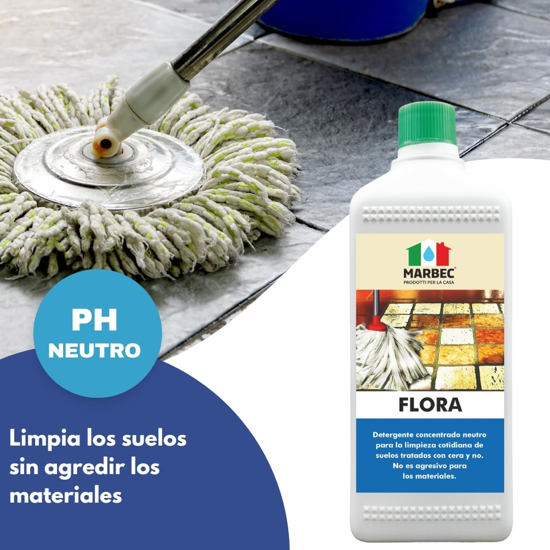 MARBEC FLORA 1LTX6UDS Detergente para suelos de terracota y materiales pétreos, ideal para la limpieza ordinaria de superficies tratadas y no tratadas. No daña el material.