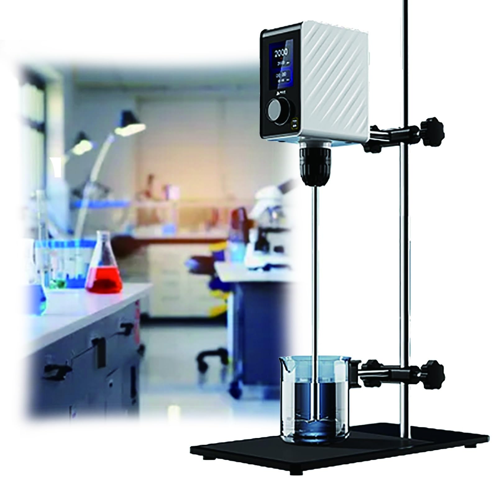 Digitaler Overhead-Rührer, 100–2000 U/min Drehzahl, 20 l maximale Kapazität, 304 Edelstahl-Paddel, Digitalanzeige für Chemie, Biologie, Forschung