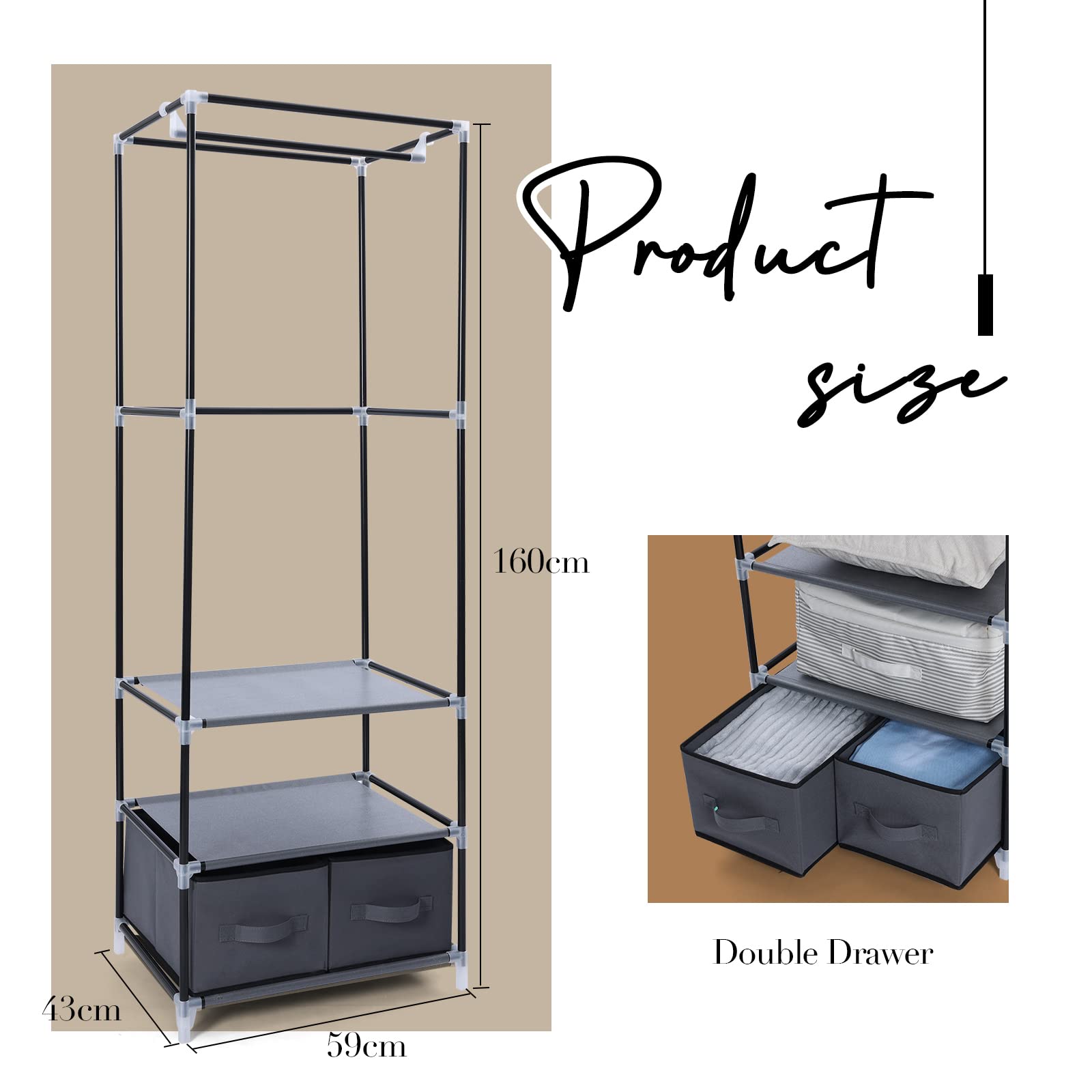 Armadio Portatile In Tessuto BOODEQP 160x59x43 Cm | 3 Ripiani, 2 Cassetti E Asta Appendiabiti, Pieghevole, Impermeabile, Per Camera Da Letto E Soggiorno