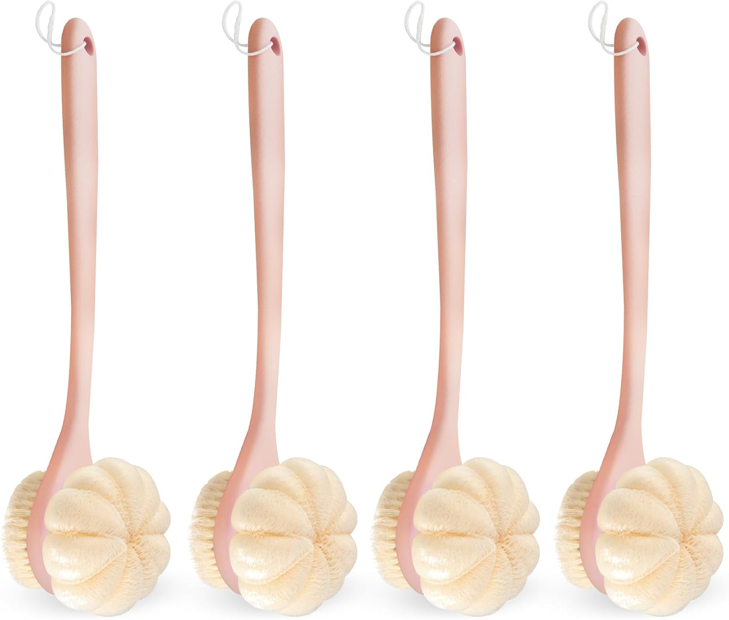 4 Pack Double-Sided Back Bath Brush,16" Curved Long Handle Back Scrubber for Shower with Soft Bristles and Loofah,Body & Back-Cleaning Helper Scrubber Wet or Dry for Men and Women (Pink)