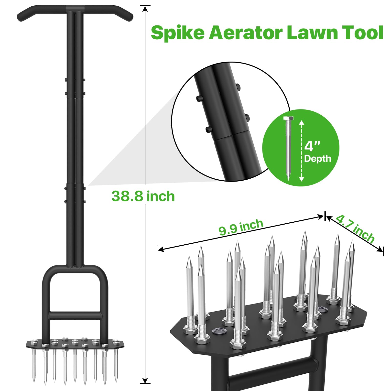 Lawn Aerator Spike Aeration Tool, Manual Air Aerator Tool for Lawn with Iron 18 Spikes, 38.8 Inch Hand Aerator for Grass, Yard, Heavy Duty Lawn Aerating Tool with Double-Pipe Handle, T-Grip, Black