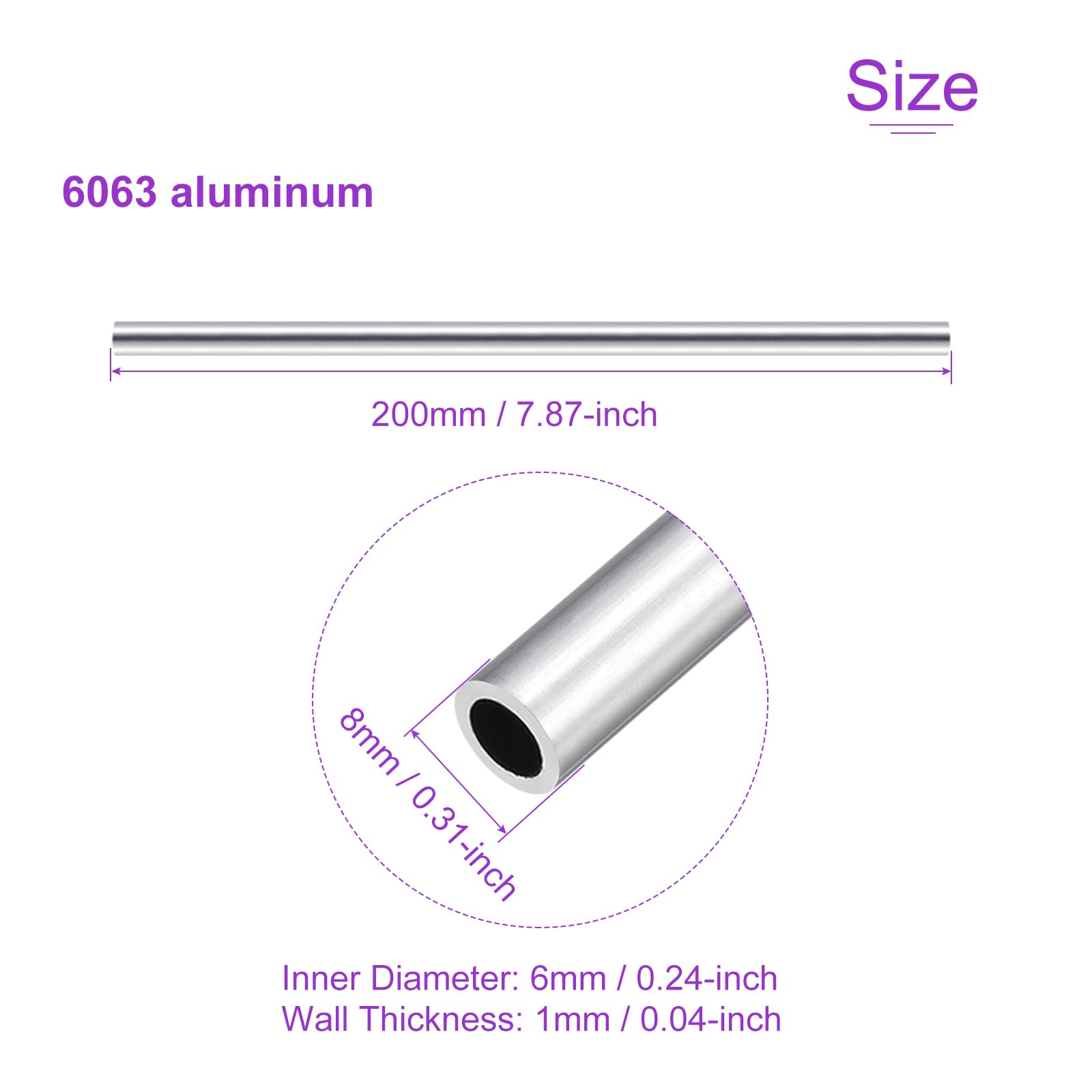 DMiotech 2-pak (8 mm śr. x 6 mm ID) 6063 aluminiowa okrągła rura o długości 200 mm przemysłowe metalowe rury do maszyn rama budowa projektów DIY