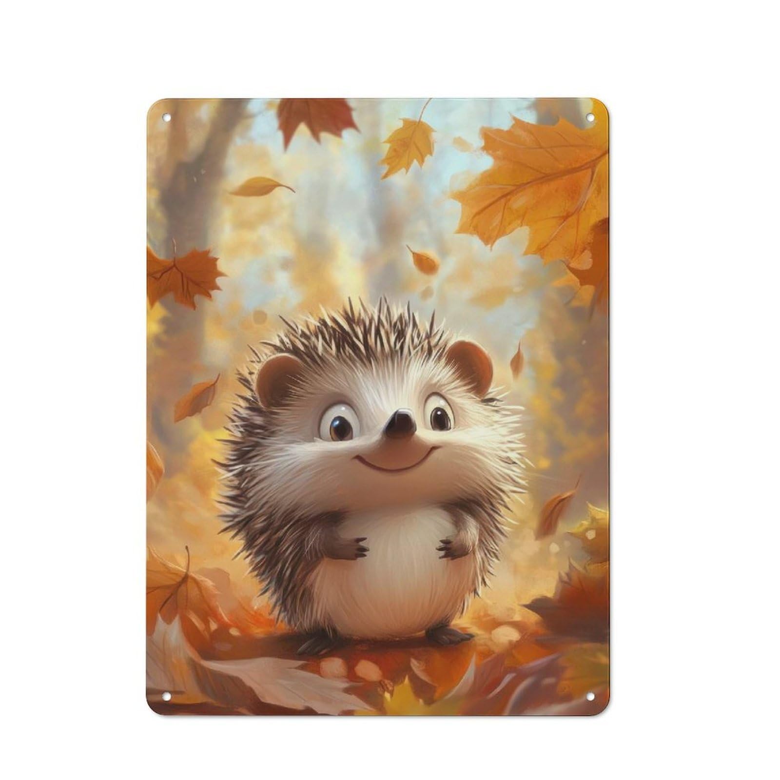 Junmoney Smiling Hedgehog In Autumn Retro Metal Wall Sign 40X30cm Featuring For Hallway Wall, For Garage, Workshop And Man Cave Decoration
