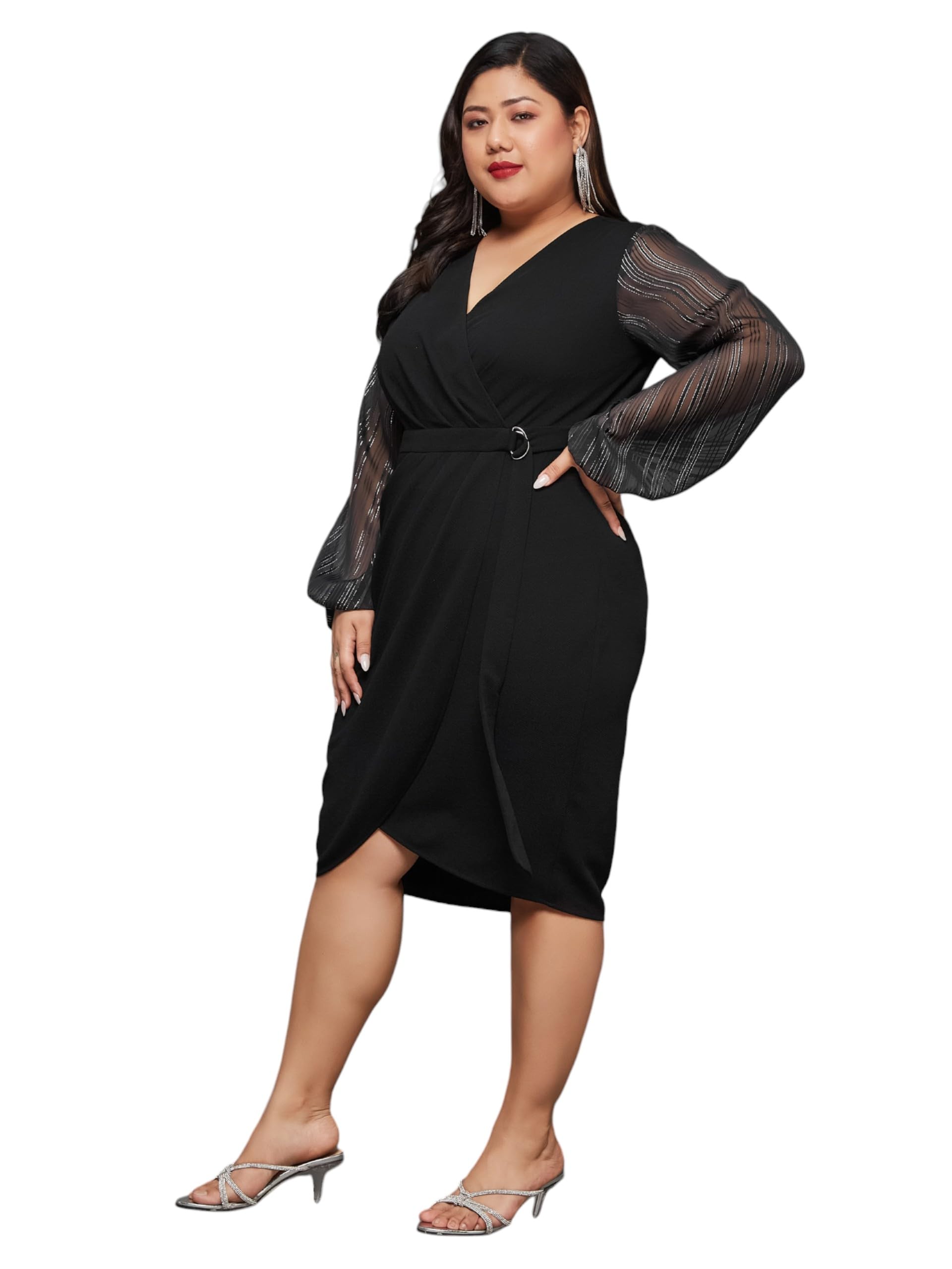 Women's V Neck Bishop Sleeves Front Pocketed Wrap Knee Length Dress-image-38