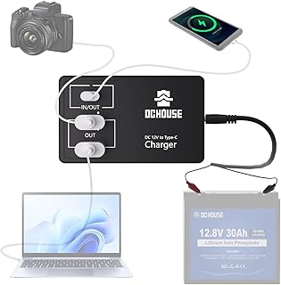 DC HOUSE 12V DC Converter or 3 Amp Battery Charger, Multi Port Adapter with Battery Clip Output DC 5V 3A 45W USB-C USB-A for iPhone Android and Tablet Chargers