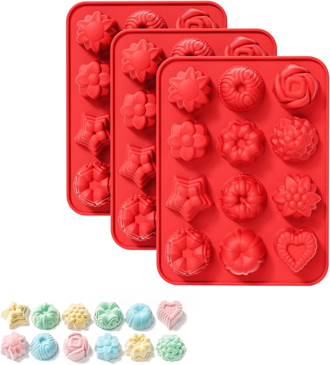 La chat Silicone Soap Molds, Flower Soap Molds，12 Cavities Silicone Molds for Soap, Lotion Bar, Bath Bombs, Chocolate, Candy，3 Packs (Flower)