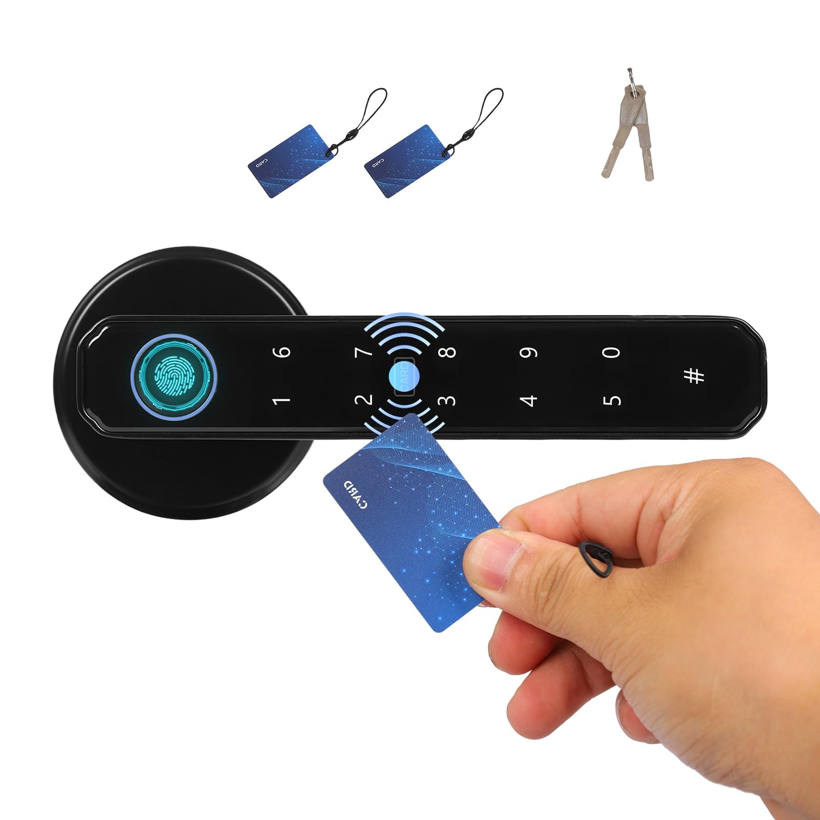 Fingerprint Door Lock 5 in1 Smart Handle Door Knob with Password, IC Card, Bluetooth, Keys for Homes, Apartments, Offices, Bedroom, Office, Apartment (door thickness within 35-55mm) -6.5*15cm/ Black