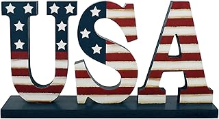 Veclotch 4th of July Wood USA Letter Sign Patriotic Table Decor, US Flag Cutout Block Letter Table Sign Freestanding Word Veterans Day Labor Day Memorial Day Red White Blue Decor