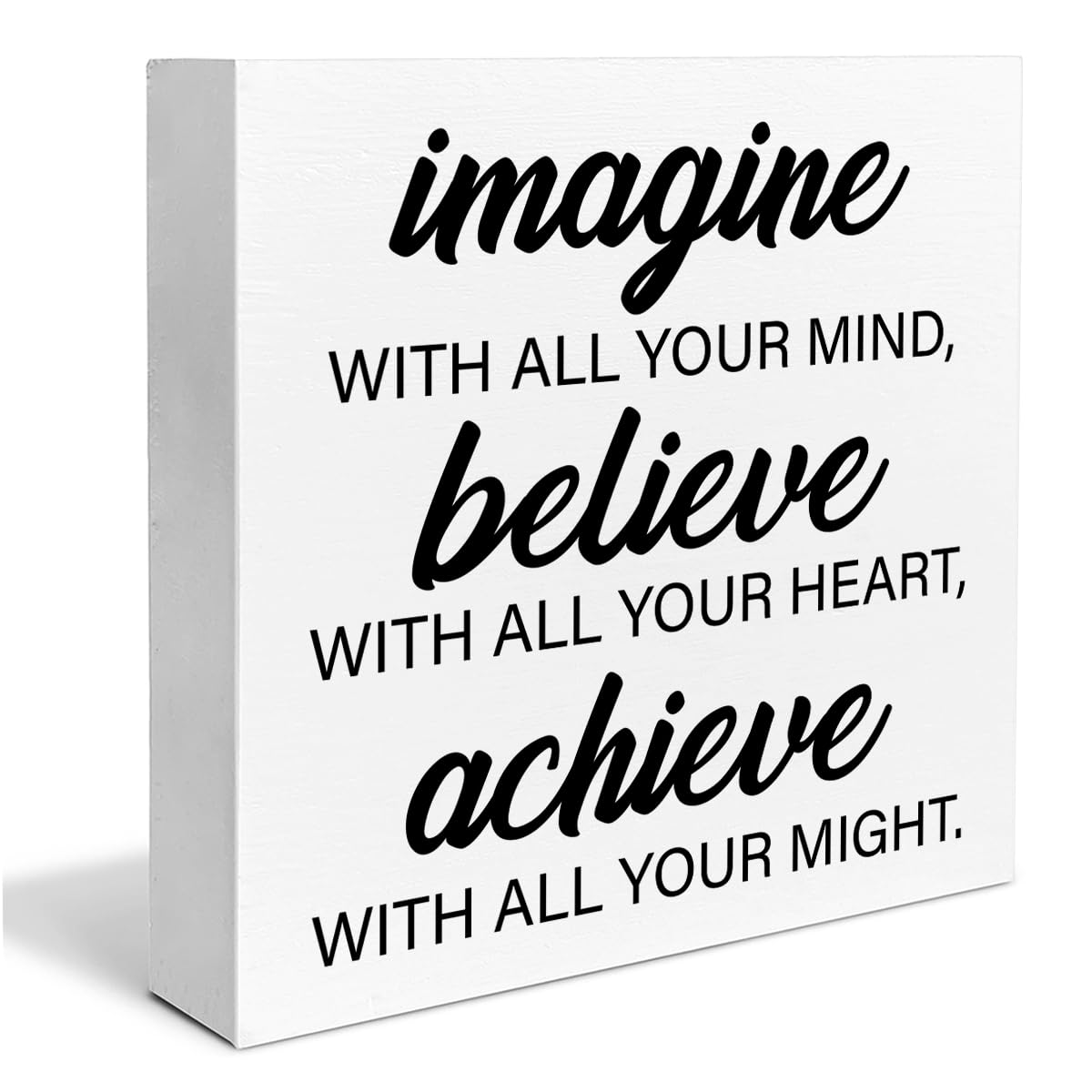 Inspirational Quote Desk Wooden Sign Decor Imagine with All Your Mind Square Wood Sign Desk Decoration Positive Quote Wood Block Box Sign for Shelf Home Gym Classroom 5 x 5 Inches