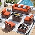 UDPATIO Patio Furniture Set with 44'' Fire Pit Table,Modular Outdoor Furniture Sets,Slanted Back Outdoor Sectional Conversation Set PE Rattan Sofa for Porch W/Coffee Table,Cover,8 PCS,Orange