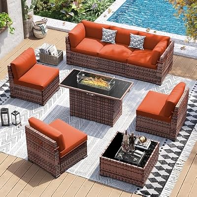 UDPATIO Patio Furniture Set with 44'' Fire Pit Table,Modular Outdoor Furniture Sets,Slanted Back Outdoor Sectional Conversation Set PE Rattan Sofa for Porch W/Coffee Table,Cover,8 PCS,Orange