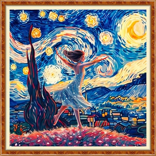 Image of Findvoor Stamped Cross Stitch Kits for Beginner Embroidery Kits for Beginners Adults DIY 11CT Cross Stitch Patterns Needlepoint Kits Crossstitching Kits-Van Gogh's Starry Night Girl 18x18 inch