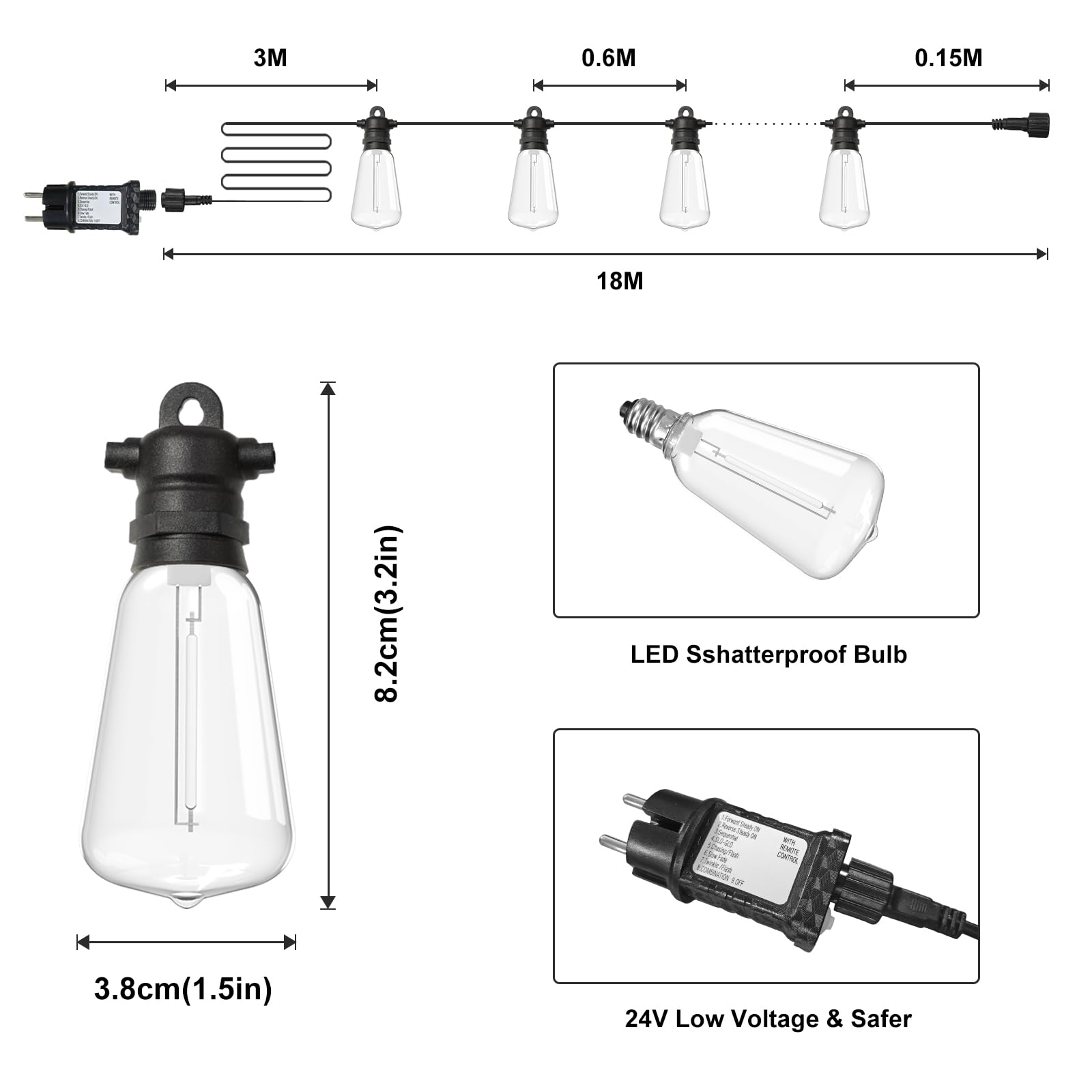 Guirlande lumineuse LED d'extérieur - 15 m - 24 ampoules blanc chaud et multicolore - ST38 - 8 modes - 4 intensité variable - Minuterie - IP68 - Pour balcon, jardin, terrasse, fête, bistro