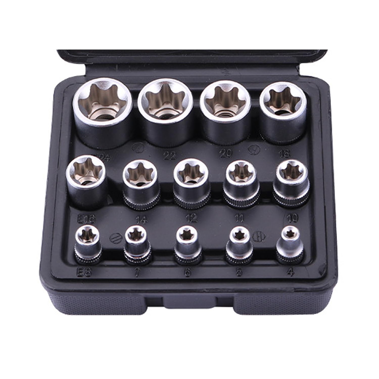 E-Torx Star zestaw nasadek nasadowych, 14-częściowy, napęd 1/4, 3/8, 1/5.1 cm, E4 – E24, zewnętrzny zestaw narzędzi dynamometrycznych z futerałem do przenoszenia