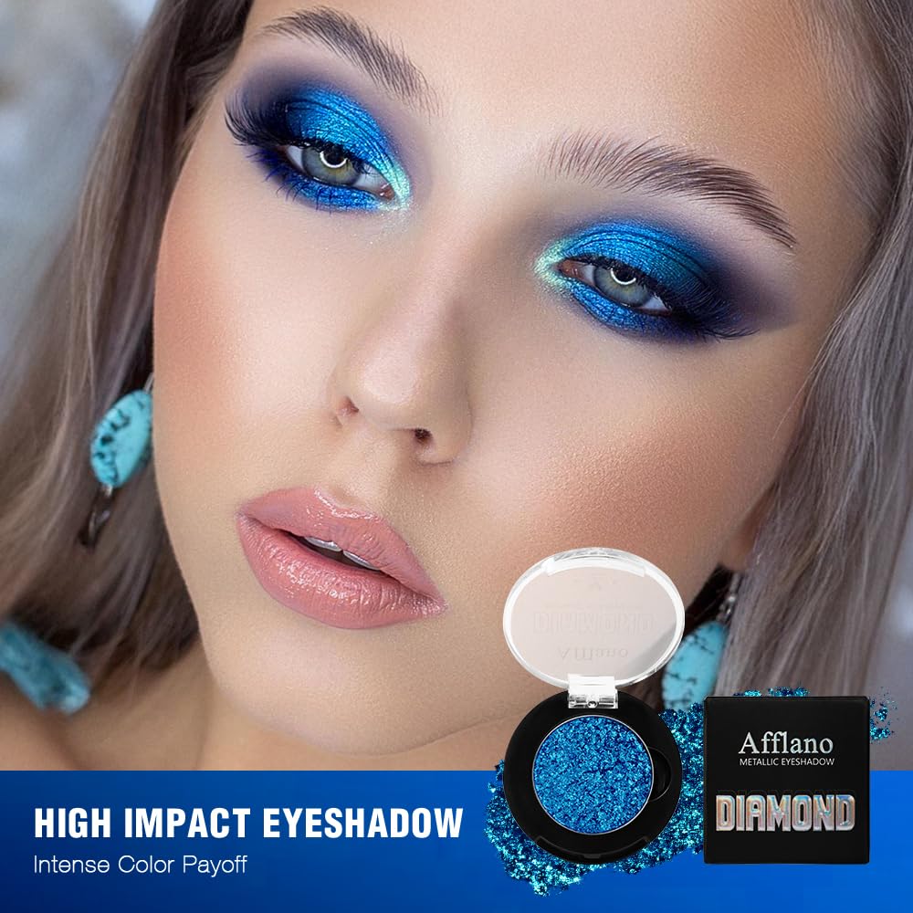 Afflano Red Glitter Eyeshadow, Diamond Bright Red Eyeshadow Instant Color, Super Pigmented Single Red Metallic Eyeshadow One Swipe, Holographic Red Shimmery Eye shadow for Goth Smoky Clown Eyes Makeup: blue 30H