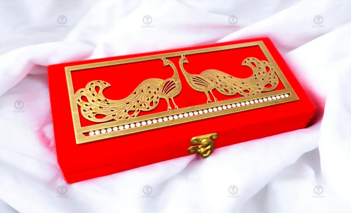 SHAKTISM Wooden Decorative and Attractive Cash Box, Shagun, Jewellery, Money Envelop Wedding, Gift, Bangel Box (Peacock Red, 20 x 8.5 x 3 cm, Rectangular, Antique Style, 1 Pack)