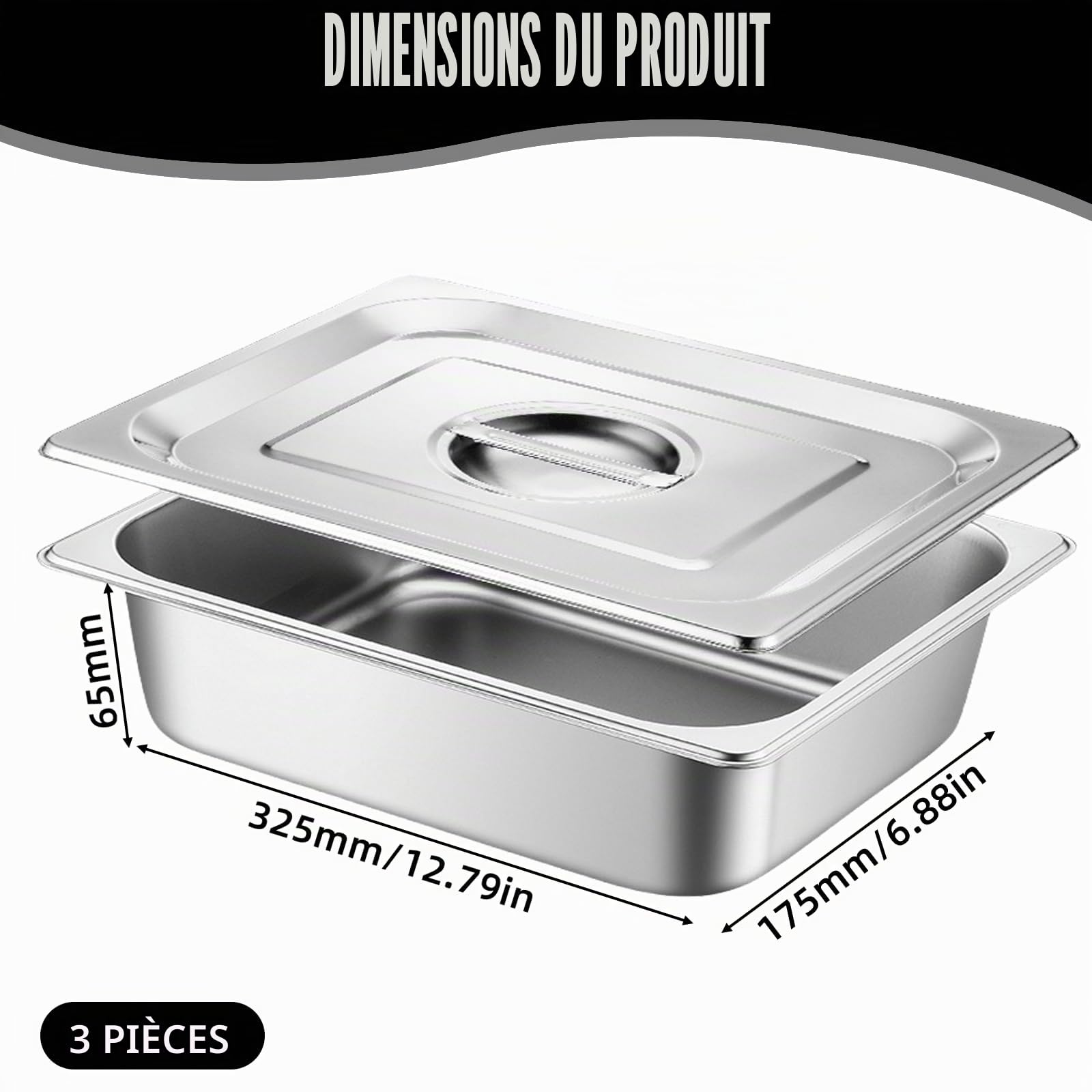 GOMETY Lot de 3 bols à panure, récipients GN 1/3 en acier inoxydable avec couvercle, lot de 3 bols pour paner, idéal pour les plats et les plats à frire 32,5 x 17,6 x 6,5 cm