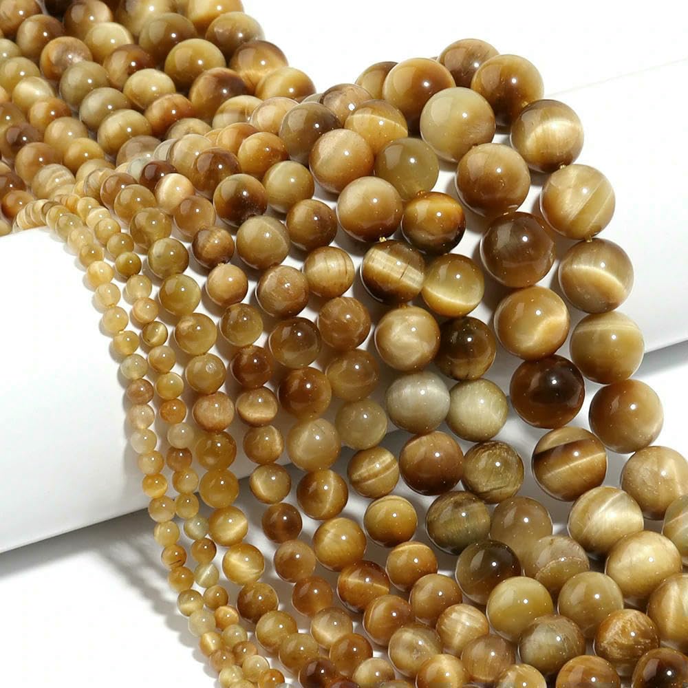 1 hebra de cuentas de piedra de ojo de tigre natural, color dorado, lisas, redondas, espaciadoras, para pulseras, collares y joyas, 6-12 mm (aprox. 30 unidades)