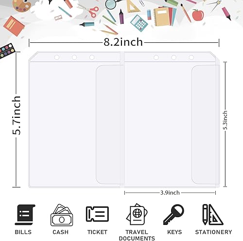 Miniatura 47 de 60 bolsillos A6 para carpeta, 6 agujeros, con cremallera, carpetas de PVC transparente, bolsas de hojas sueltas, sobres de efectivo para carpetas