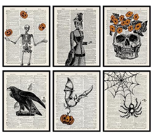 Whaline 6Pcs Halloween Skeleton Wall Art Prints 8×10 Inch Vintage Wall Decor Skeleton Bat Spooky Gothic Home Decor Wall Art for Halloween Gallery Wall Home Living Room Bedroom Decor UNFRAMED