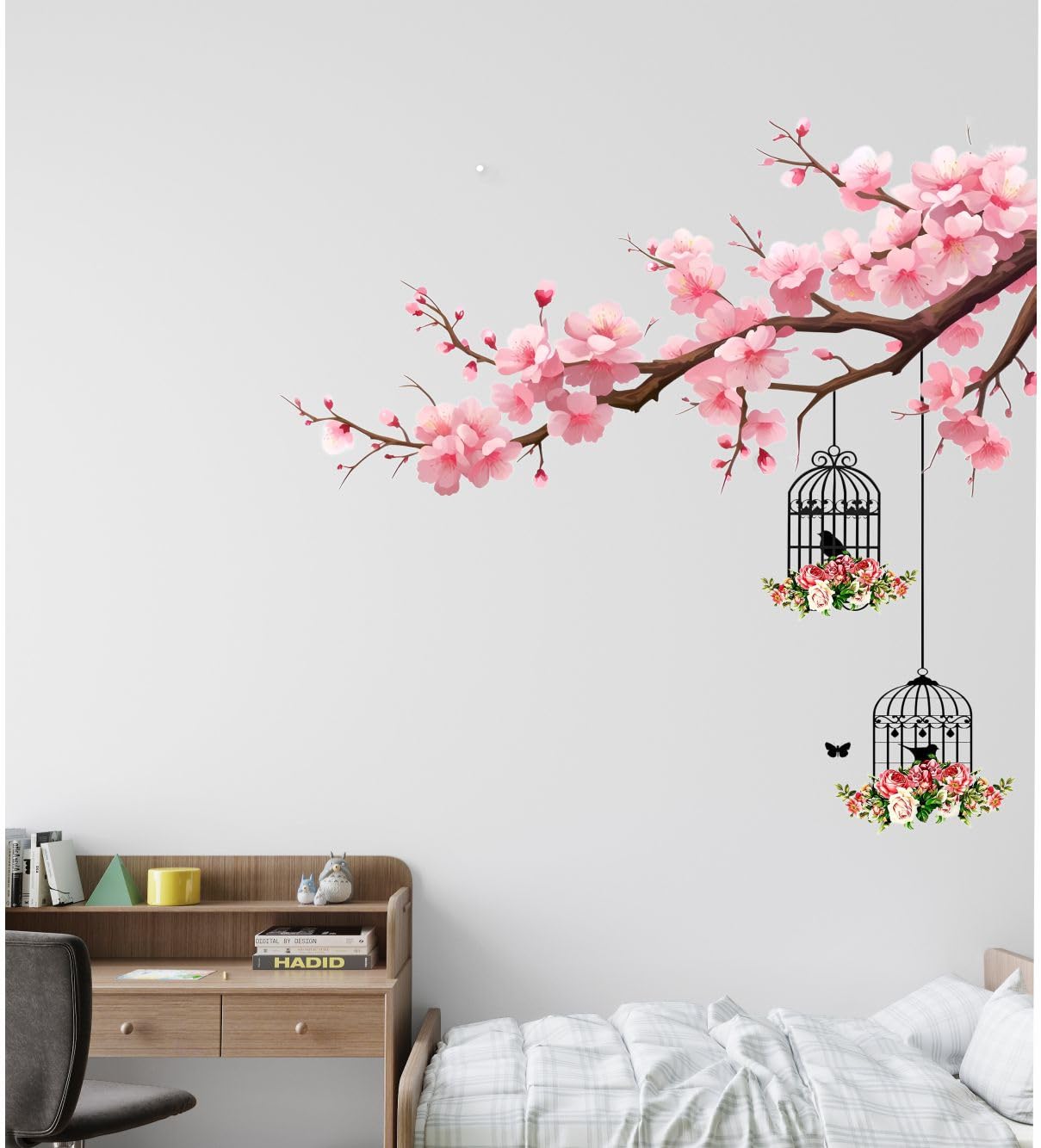 DECORAURA Cherry Blossom Tree Branch Wall Sticker with Hanging Bird Cage | Floral Wall Decal for Living Room Bedroom Nursery | Self Adhesive PVC Wall Decor 1