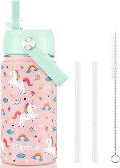 Fimibuke Kids Insulated Water Bottle - 14oz BPA-FREE 18/8 Stainless Steel Travel Tumbler Double Wall Vacuum Leak Proof Kids Cup with Straw Metal Water Bottle for School Boys Girls(1 Pack, UNICORN)