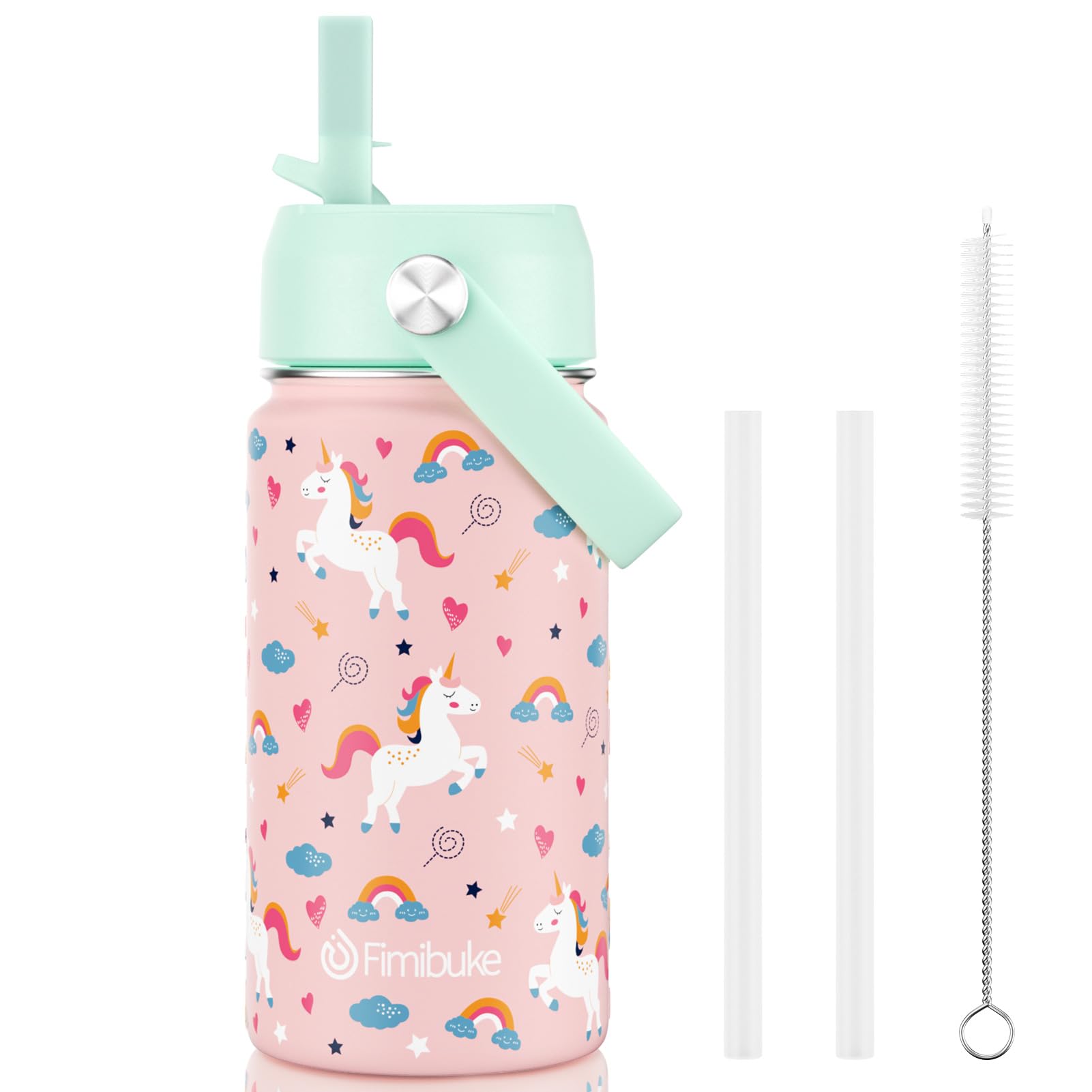 Fimibuke Kids Insulated Water Bottle, 14oz BPA FREE 18/8 Stainless Steel Travel Tumbler Double Wall Vacuum Leak Proof Kids Cup with Straw Metal Water Bottle for School Boys Girls(1 Pack, UNICORN)