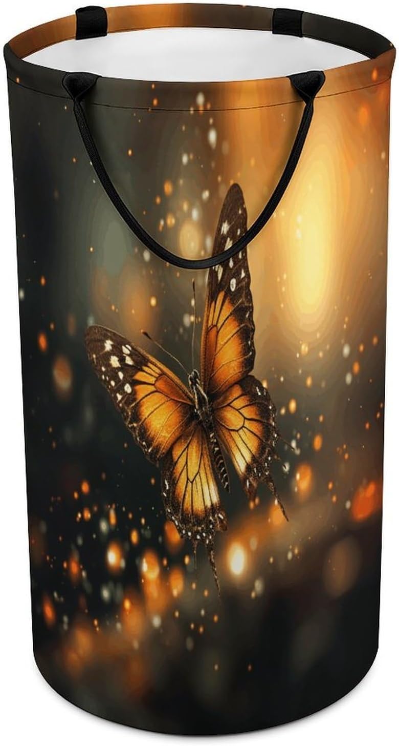 Orange Butterfly Laundry Hamper Portable Lightweight Clothes Hampers Fashion Dirty Laundry Storage Basket Large Capacity Foldable Clothes Baskets for Bathroom Bedroom