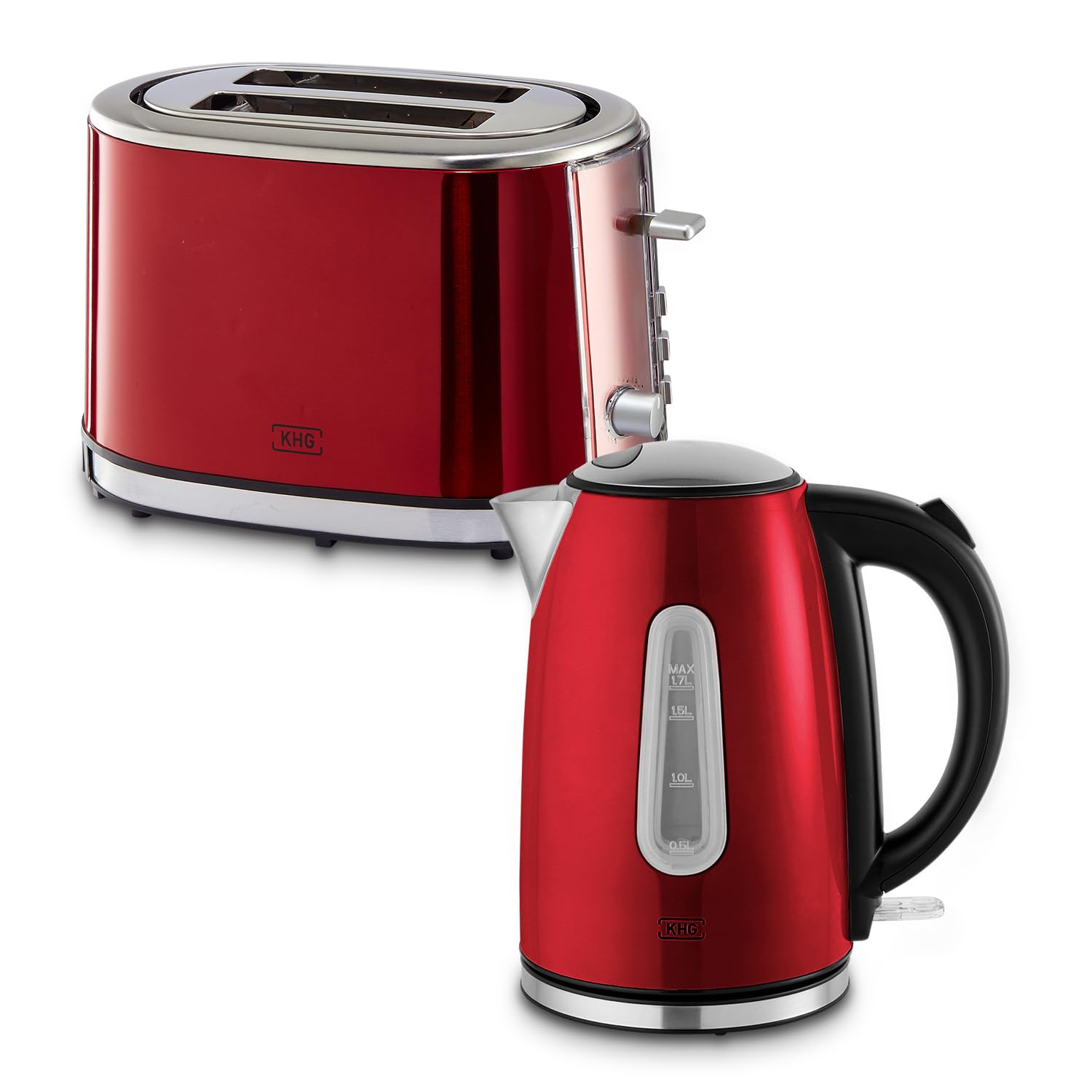 KHG Frühstücksset Wasserkocher Toaster Rot Edelstahl Metallic Chrom 1,7l 2 Toastscheiben