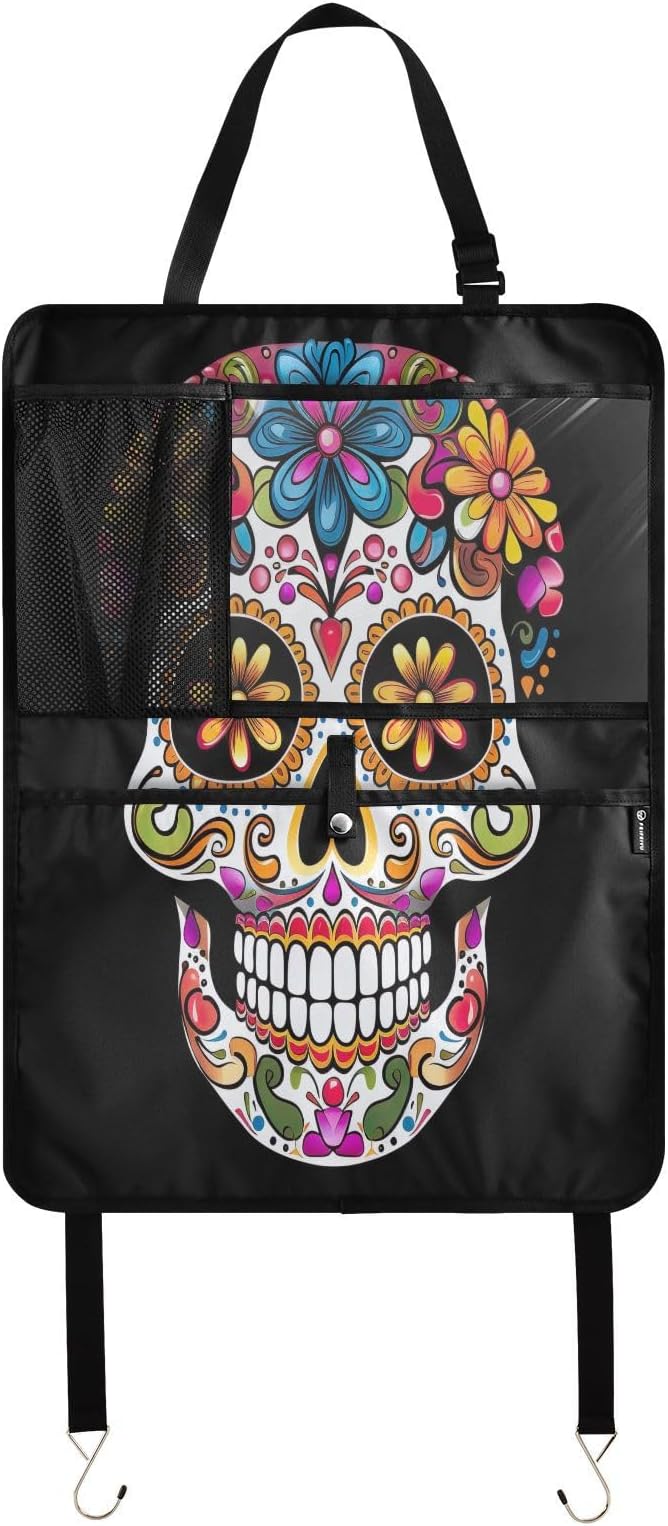 KJIMZO Colorful Sugar Skull Car Backseat Organizer Kick Mats Protector Seat Covers Vehicle Back Seat with Storage Pockets for Road Trip-1Ppack