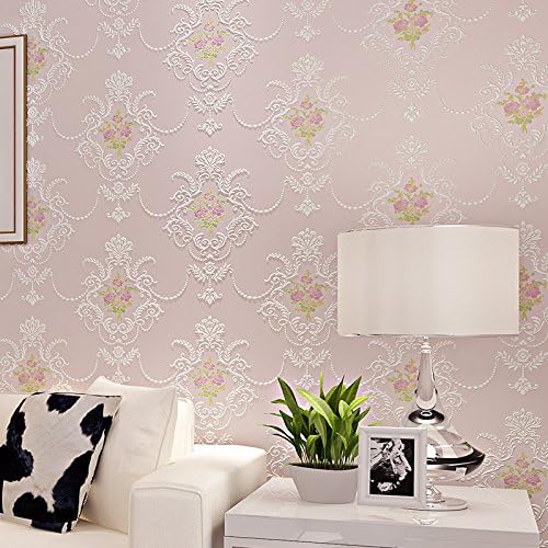 YANCEN Nonwoven Korean Sweet Wallpaper Simple Modern Master Bedroom Marriage Room Romantic European-Style Garden 3D Wallpaper,Soft Pink,Only The Wallpaper