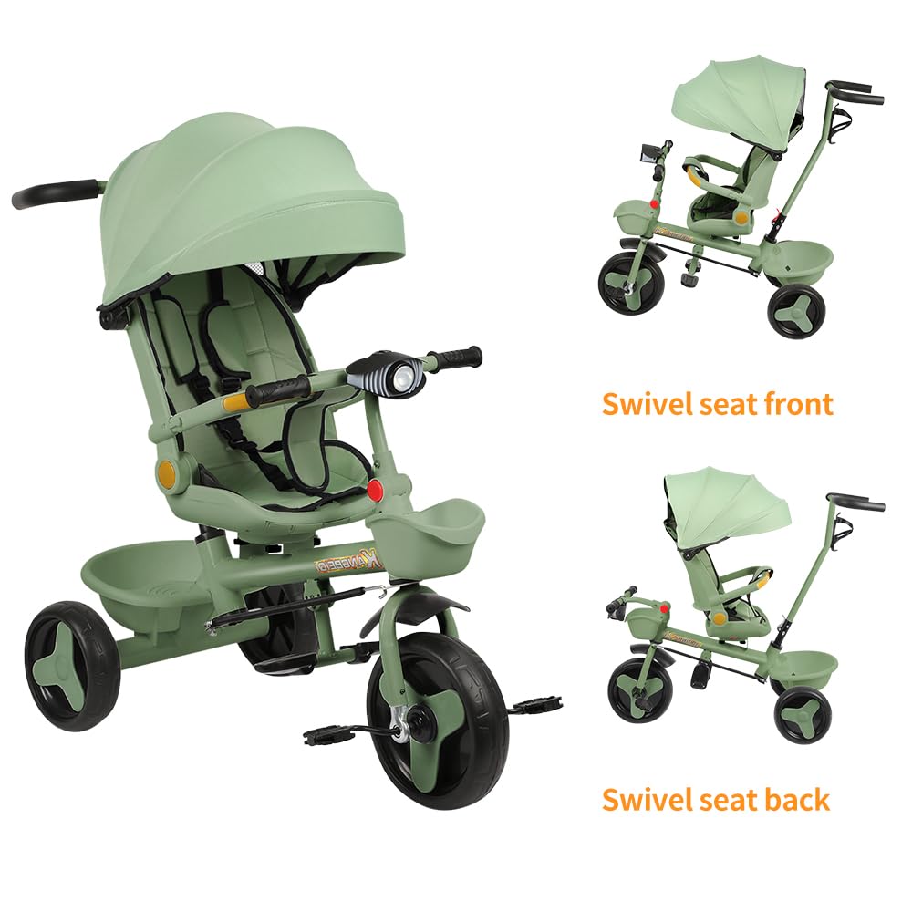 Triciclo bambini fino 25 kg, Passeggino con Maniglione regolabile, Bici, Sedile girevole Fronte Mamma e Strada, Cappottina pieghevole, Ruota libera,100 * 75 * 50 cm - Verde
