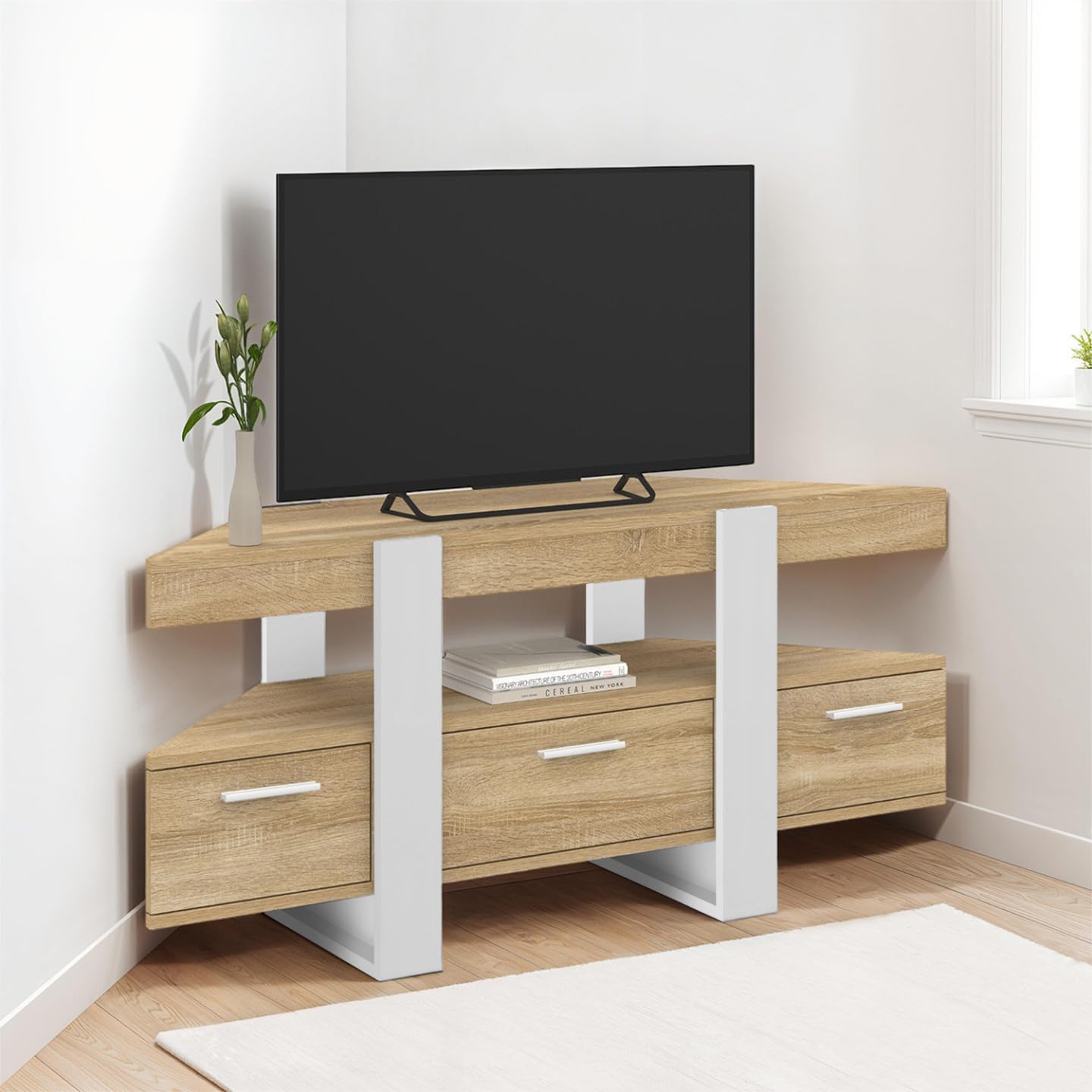 IDMarket - Meuble TV 110 cm d'angle Phoenix avec tiroir Bois et Blanc