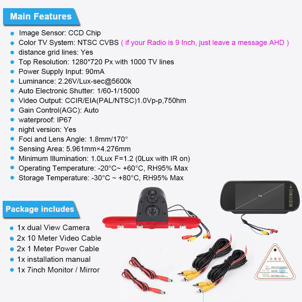 HD IP68 1280 pixels - Double caméra de recul - Aide au stationnement - Avec angle réglable - Remplacement pour Citroën Jumpy/Spacetourer/Peugeot Expert/Traveller/Toyota Proace (caméra de recul +
