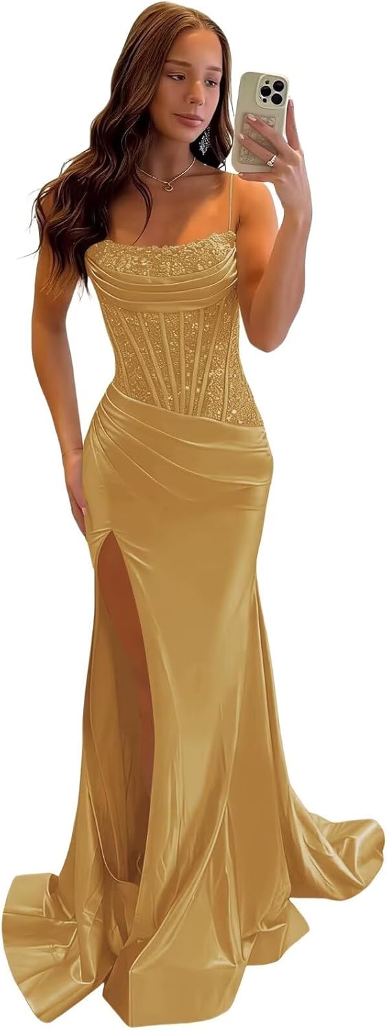Verngo Sparkly Sequin Satin Corset Prom Dresses 2026 Long Spaghetti Straps Backless Formal Evening Party Gown with Slit