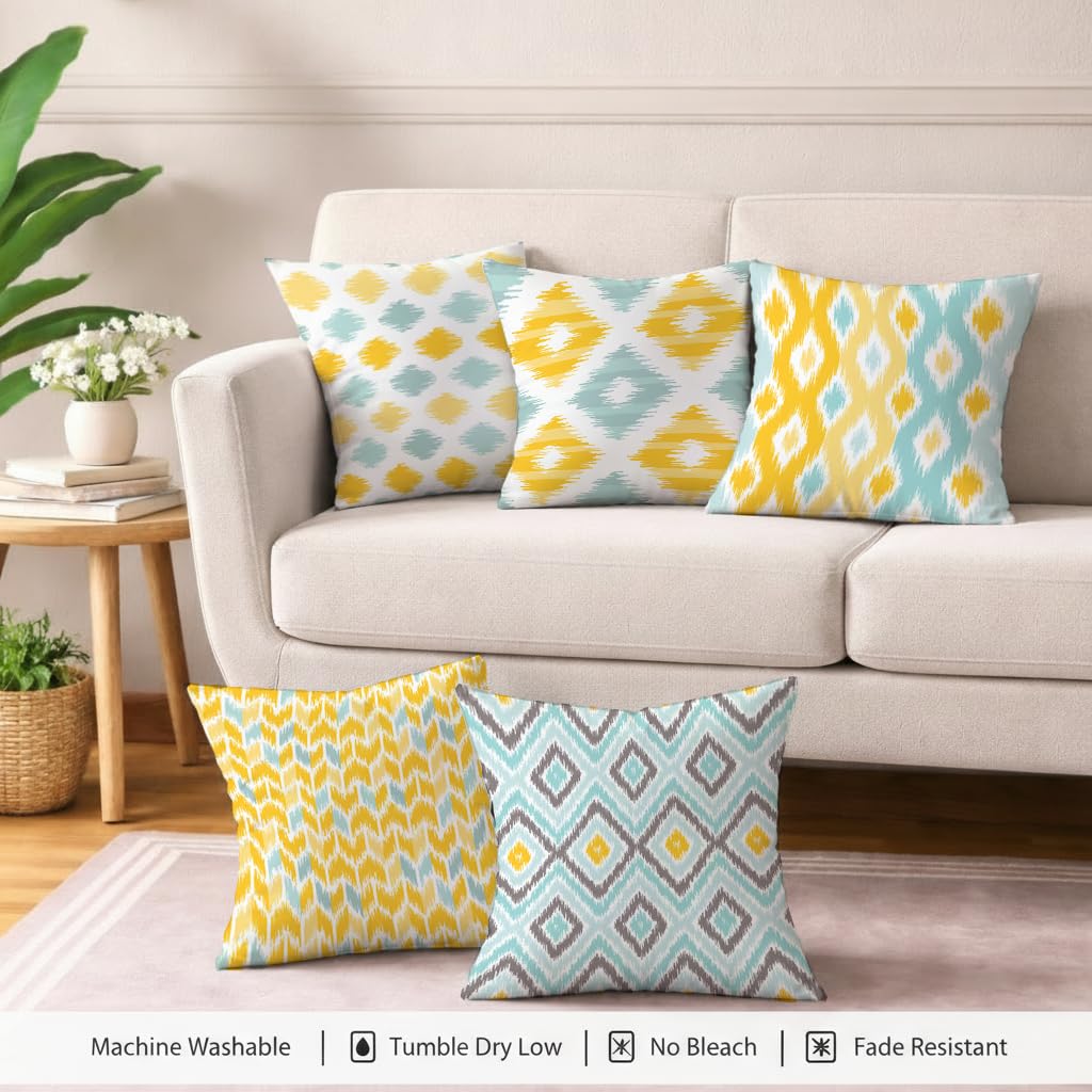 STITCHNEST Set of 5 Jute Cushion Covers – 16x16 Inches – Yellow & Aqua Ikat-Inspired Geometric Print – Vibrant Cushion Covers for Sofa, Couch & Living Room | Perfect for Home Decor 3