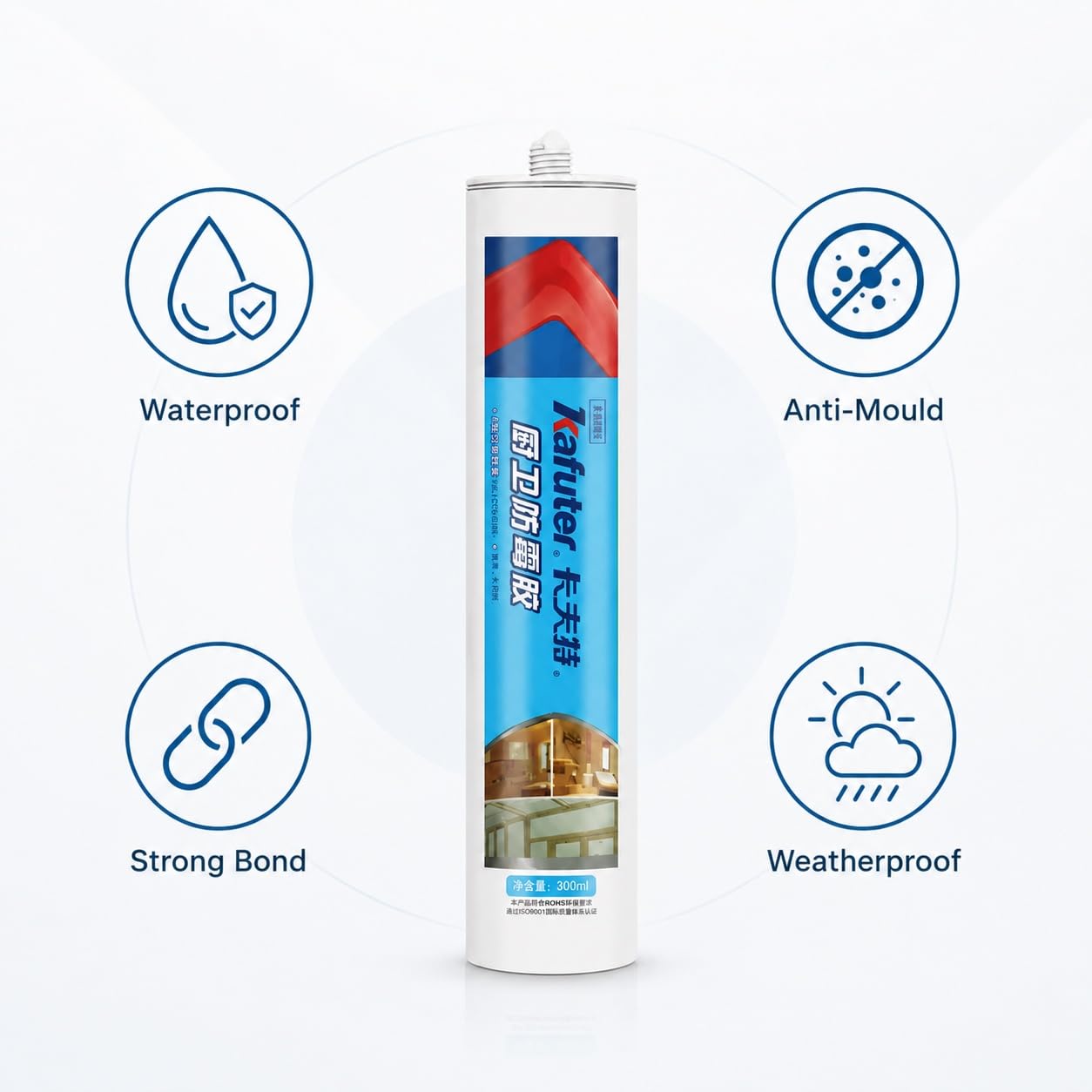 VIDOO Kafuter K-905 Cemento Juntas Blanco Resistente Moho Adhesivo Dureza Shore Cincuenta para Zócalo Fregadero Cocina Cartucho 300ml Pegamento - Blanco