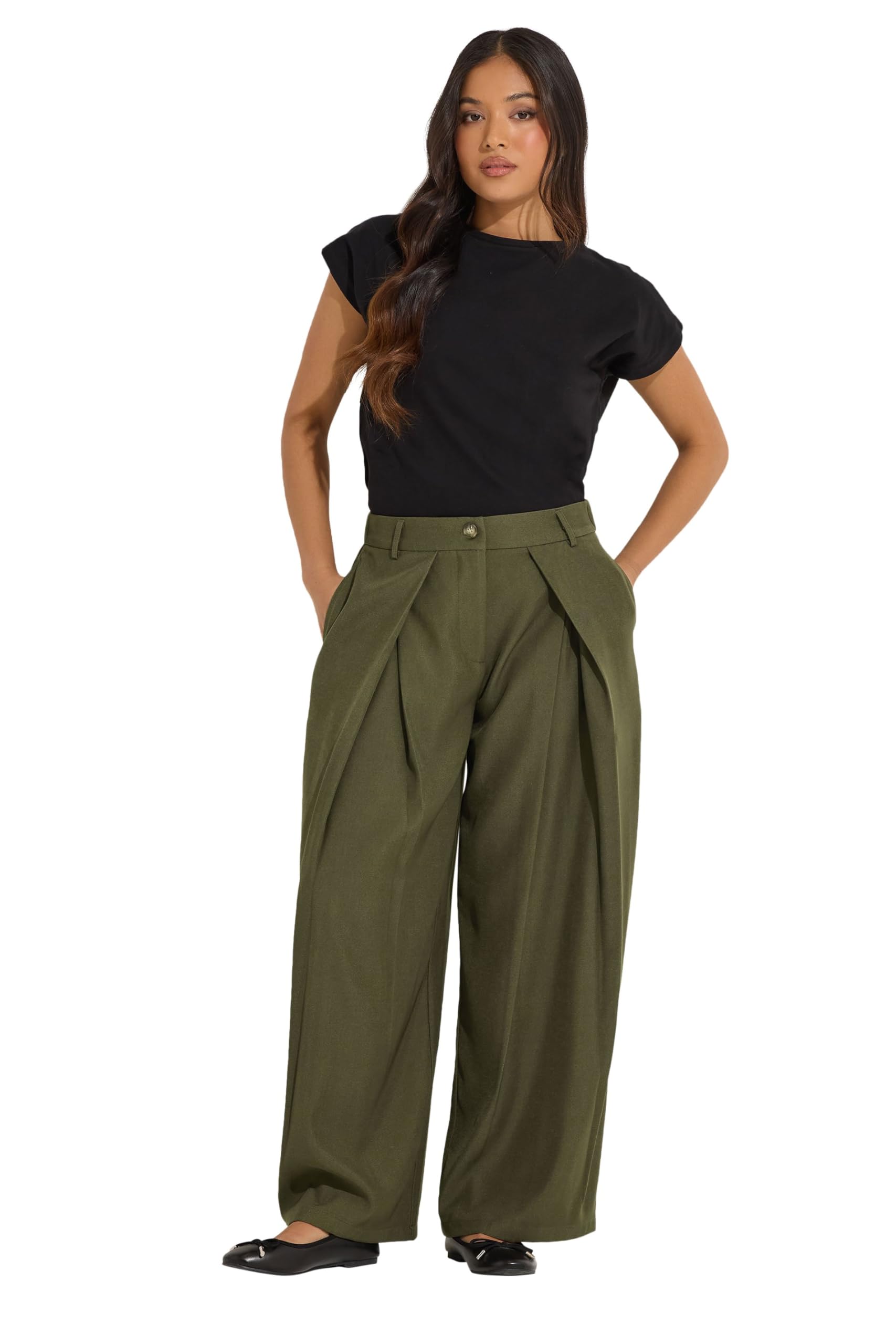Pixiegirl Women's Olive Petite Pleated Wide Leg Trousers In | Size: 12S