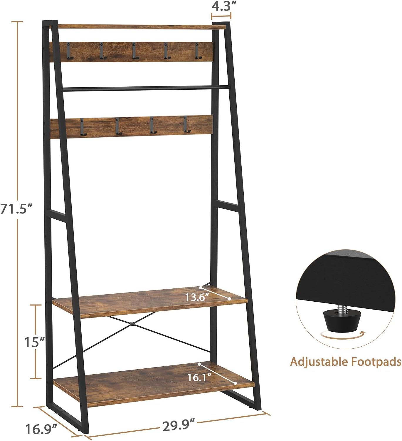 Homieasy Entryway Coat Rack, Hall Tree with Storage Shoe Bench, 3-in-1 Industrial Coat Shoe Rack with Shelves, Wood Angled Entry Coat Stand with Metal Frame for Entrance, Foyer, Bedroom, Rustic Brown : Home & Kitchen
