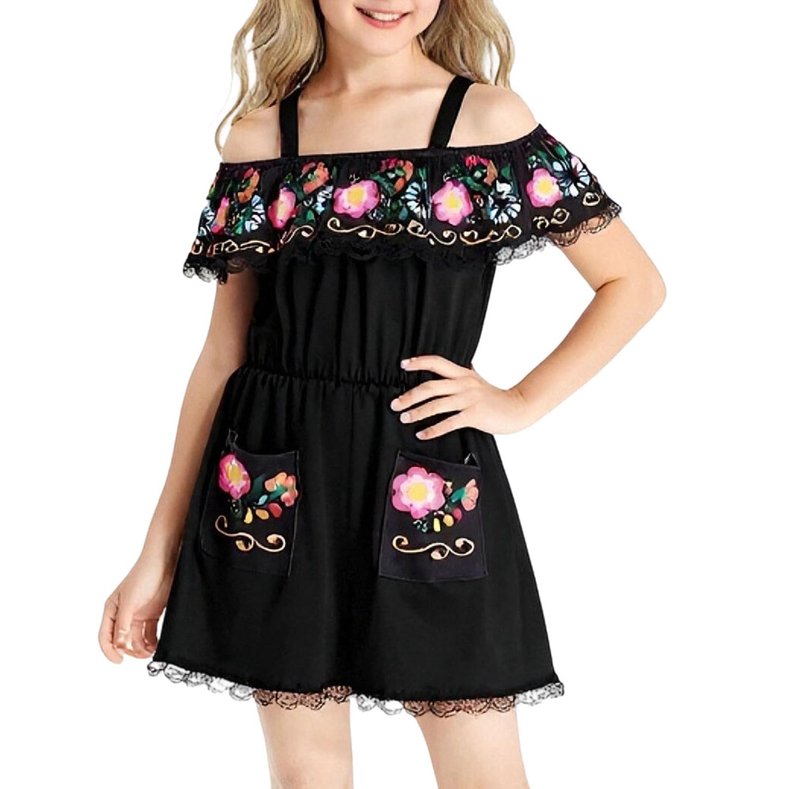 Generisch 2026 - Costume da ragazza messicana con spalle scoperte, per il giorno dei morti, per cosplay, elegante abbigliamento per feste