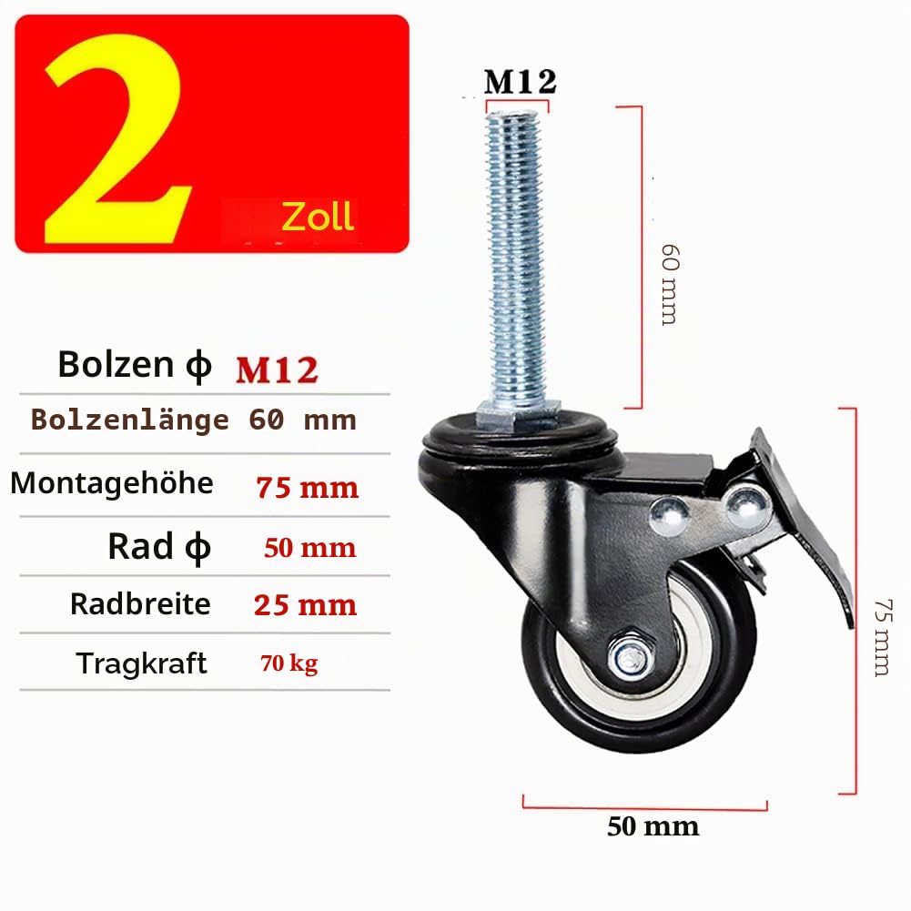 Plattenrollen, langes Gewinde, M12 x 60 mm, Lenkrollen, 2 Zoll, 50 mm, robuste Möbelrollen, 280 kg, leises PU mit Bremse, Lenkrollen for Industrietransportwagen, Gerüst, 4, schwarz, 2 Zoll ( Color : B