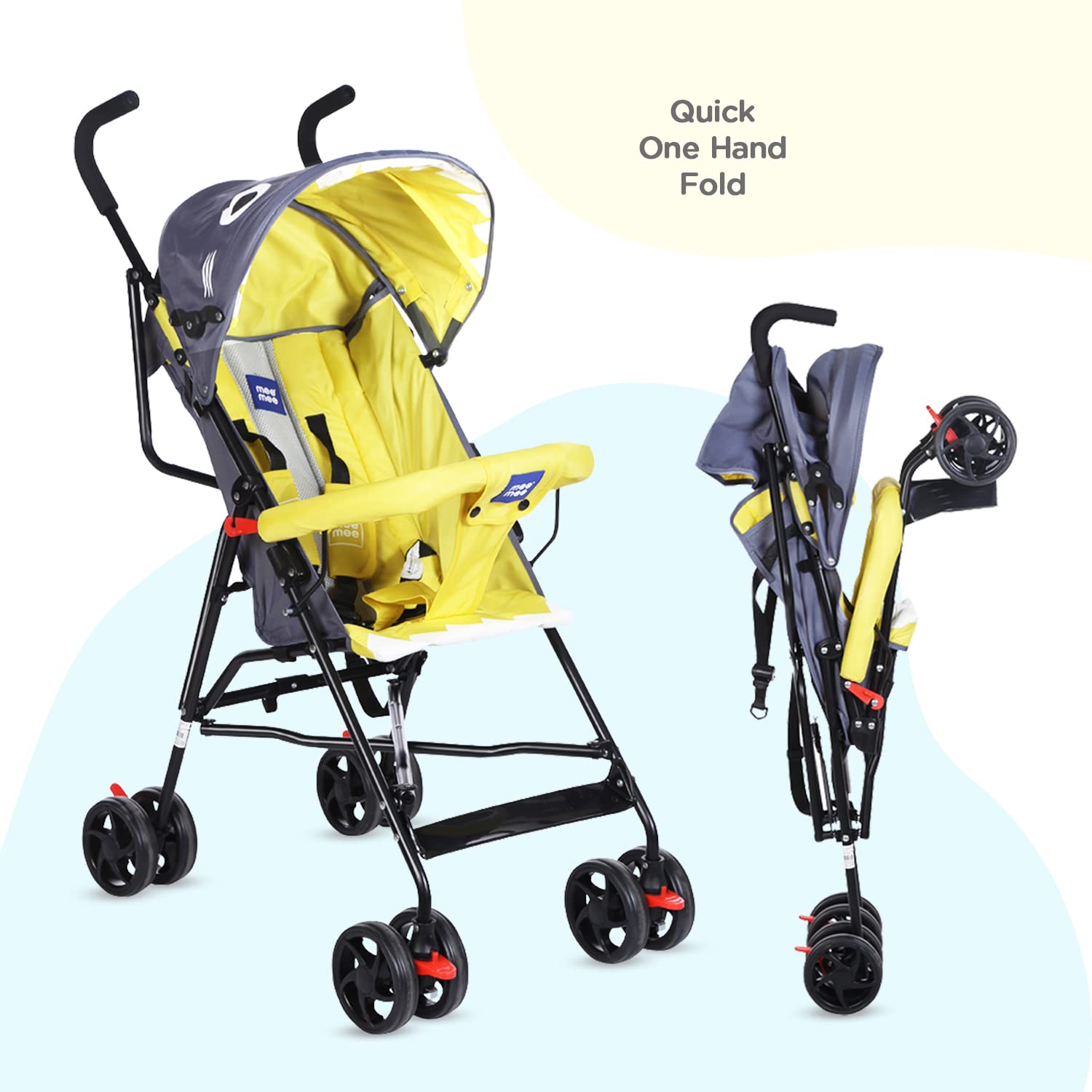 Mee Mee Baby Stroller for Infants 0-3 Years - Lightweight, Easy Fold, 360° Swivel Wheels, Multi-Recline, 5-Point Safety Harness (Yellow)