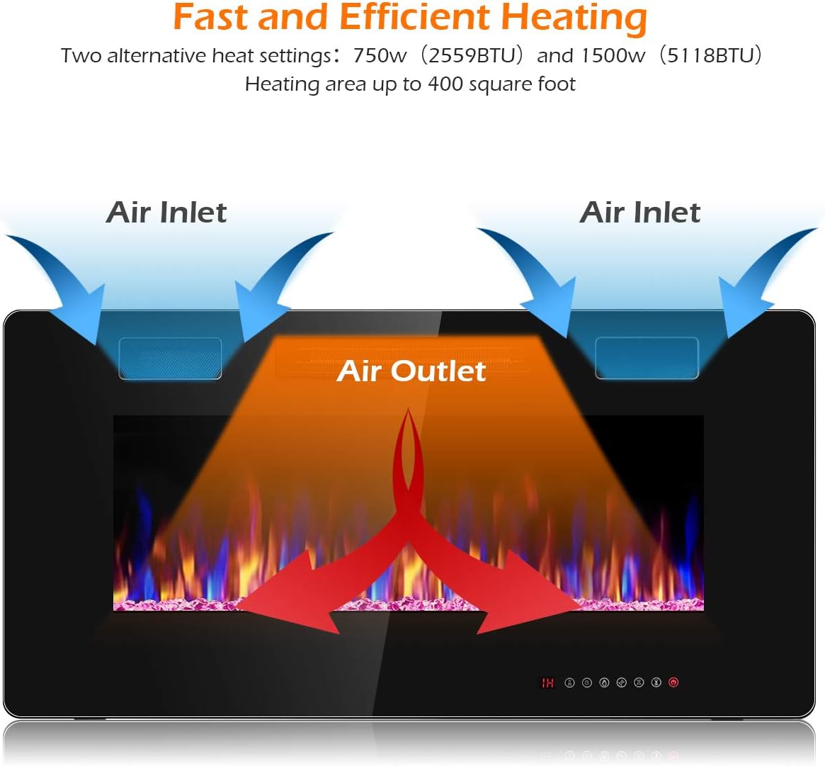 GOFLAME 36 Inch Electric Fireplace Recessed and Wall Mounted, Fireplace Heater in-Wall Built with Remote Control, Timer, Touch Screen, Adjustable Color